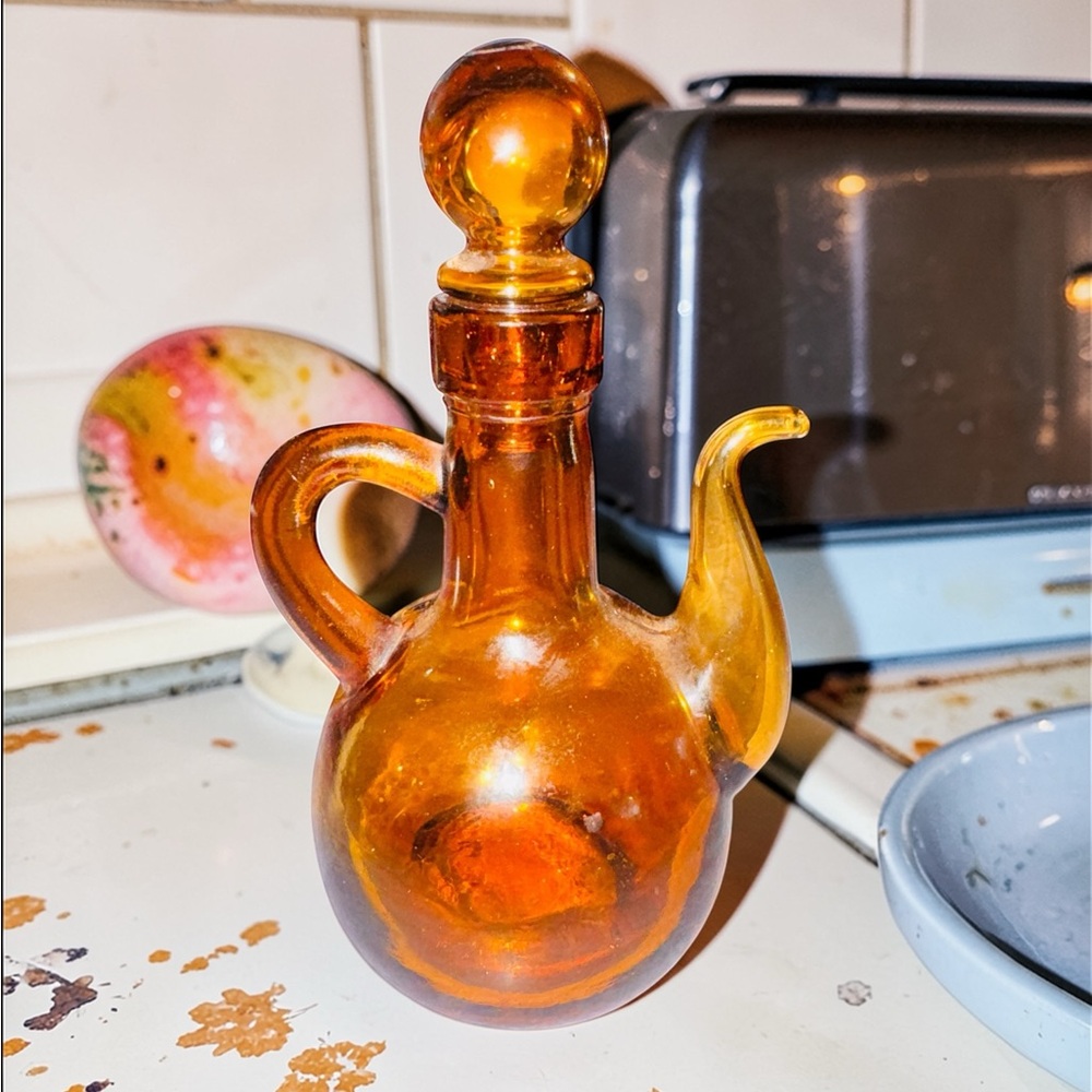 Vintage Cruet Bottle Brown Amber Glass Decanter Pitcher Jug Oil Vinegar